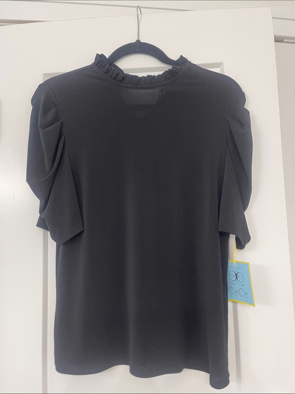 CeCe Black Ruffle Mock Neck Puff Sleeve Top